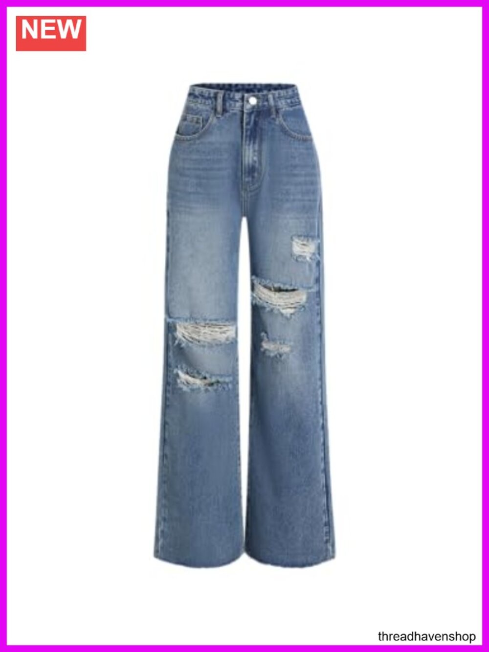 High Waisted Distressed Ripped Jeans Straight Wide Leg Baggy Denim Pants